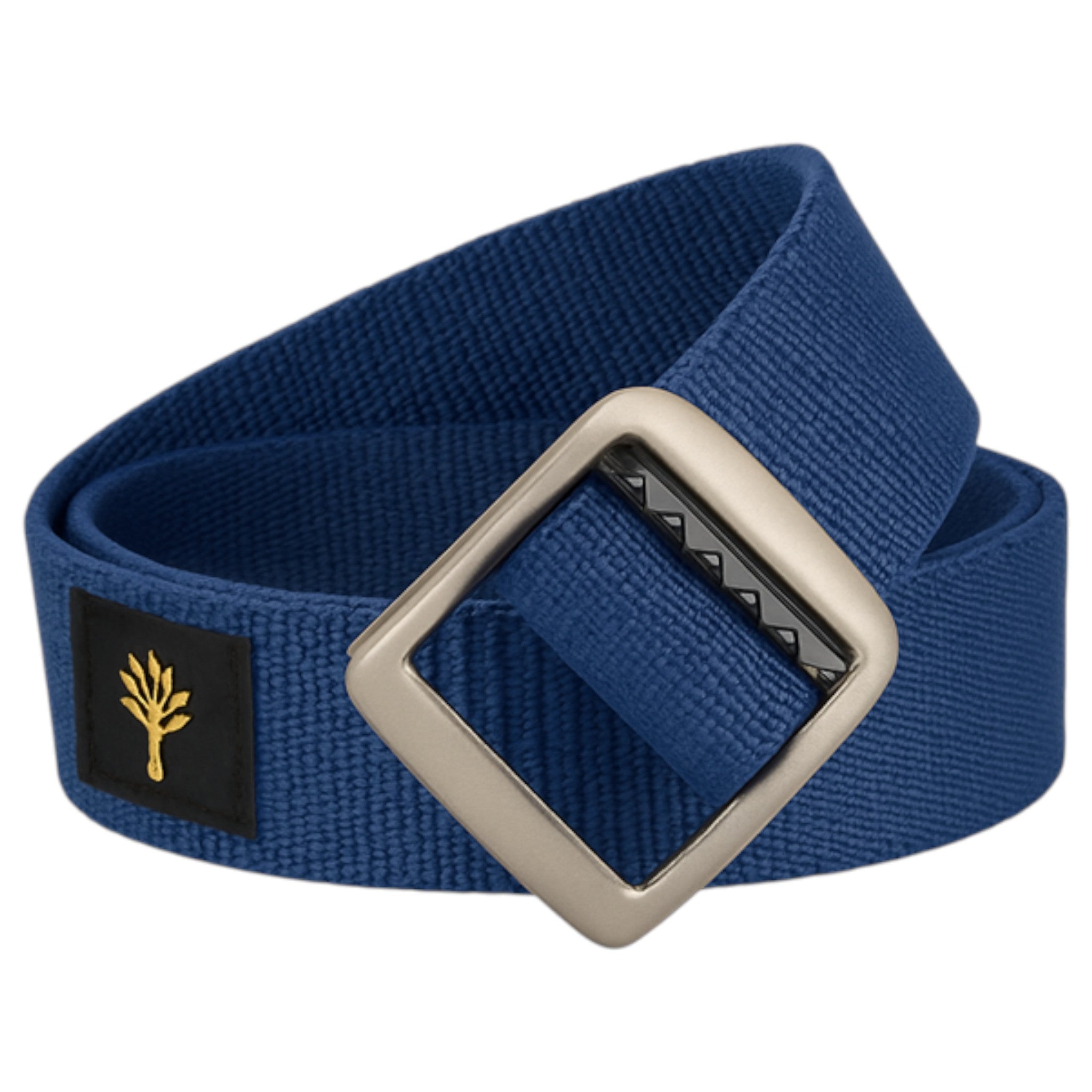 Mens navy ratchet buckle belt with metal square buckle